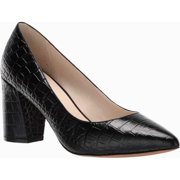 Cole Haan Karena Black Leather Pump Crocodile Print Leather Block Heel Shoes 10 - Picture 2 of 14
